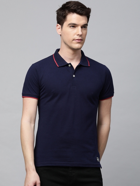 

abof Men Navy Blue Polo Collar T-shirt