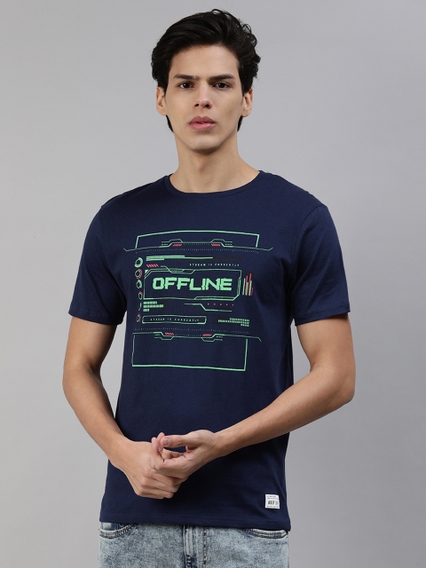 

abof Men Navy Blue Green Typography Printed Pure Cotton T-shirt
