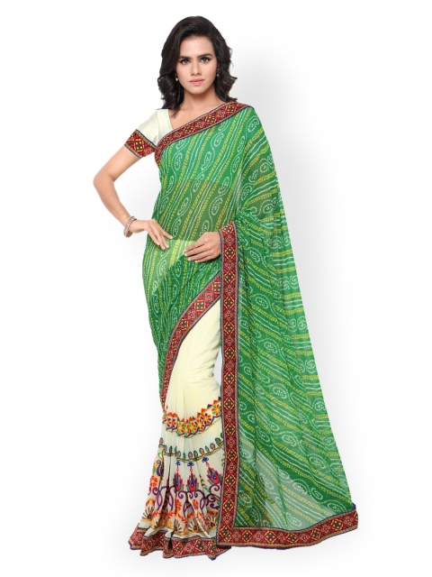 

Satrani Green & Cream-Coloured Bandhani Print Embellished Saree