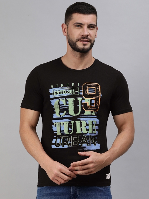 

abof Men Black Graphic Printed Pure Cotton Slim Fit T-shirt