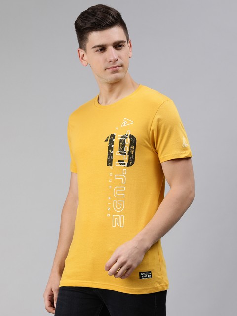

abof Men Mustard Yellow Slim Fit Typography Printed Pure Cotton T-shirt