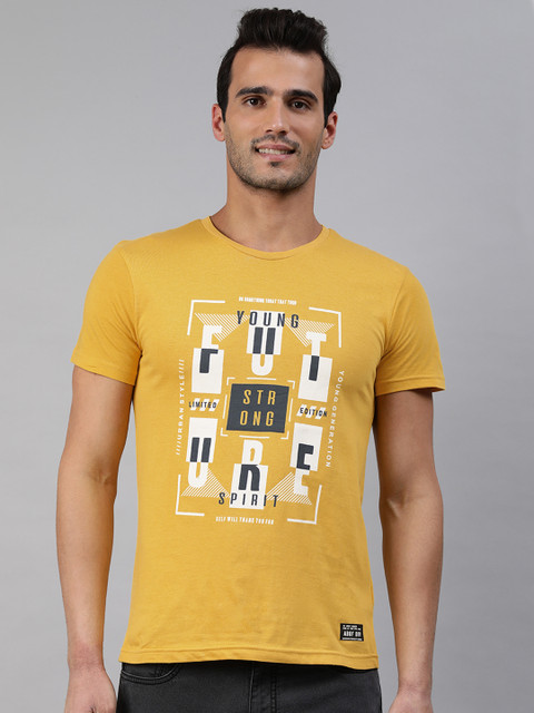 

abof Men Mustard Yellow Typography Printed T-shirt