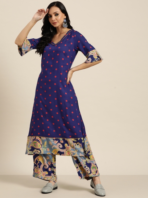 

Sangria Women Blue & Red Polka Dots Print Gotta Patti Straight Kurta with Palazzos