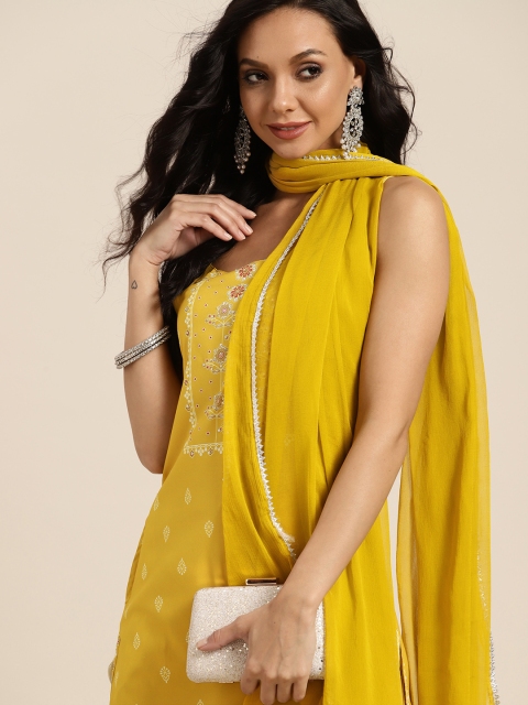 

Sangria Women Mustard Yellow Printed Regular Kurta with Sharara & Dupatta