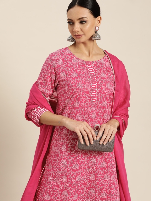 

Sangria Women Pink Ethnic Motifs Printed Pure Cotton Kurta with Sharara & Dupatta