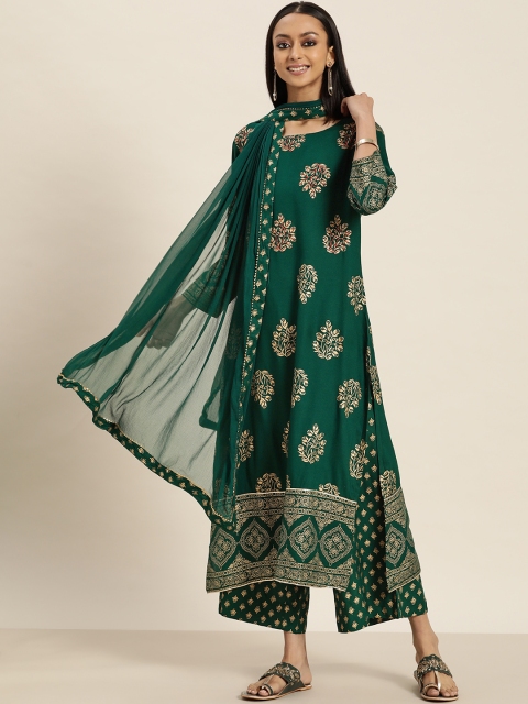 

Sangria Women Green & Golden Ethnic Motifs Print Straight Kurta with Palazzos & Dupatta
