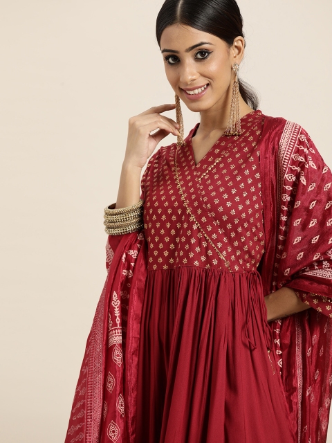 

Sangria Women Maroon & Golden Motifs Print Gathered Angrakha Kurta with Trousers & Dupatta