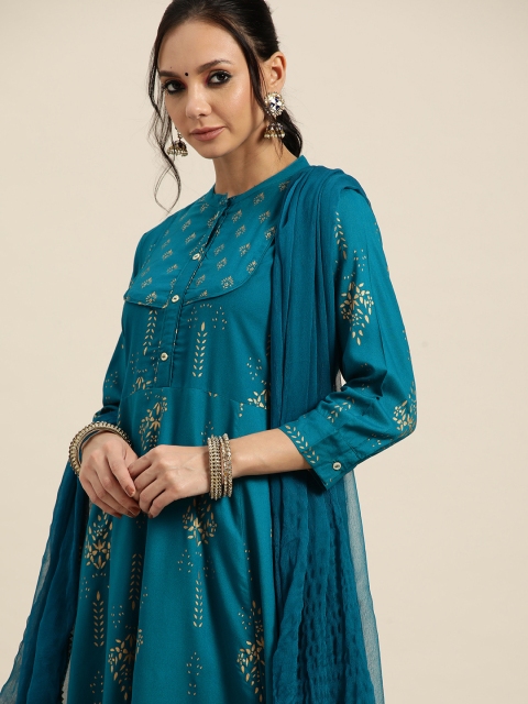 

Sangria Women Teal Blue & Golden Motifs Print A-line Kurta with Churidar & Dupatta