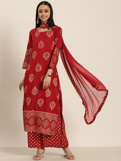 

Sangria Women Red & Golden Ethnic Motifs Print Straight Kurta with Palazzos & Dupatta