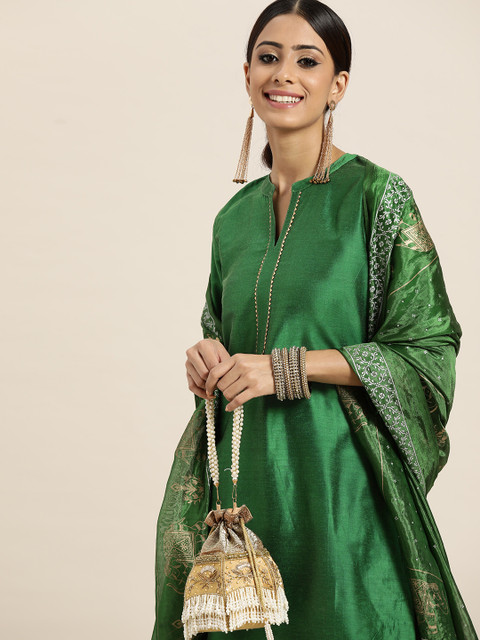 

Sangria Women Green & Golden Gotta Patti Kurta with Trousers & Dupatta
