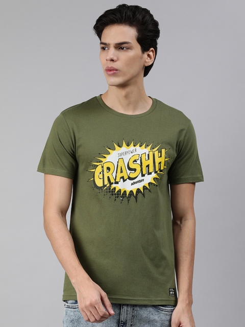 

abof Men Olive Green Typography Printed Pure Cotton T-shirt