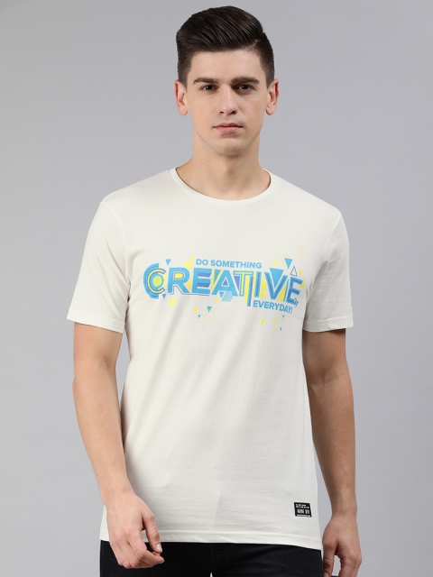 

abof Men White Blue Typography Printed Pure Cotton T-shirt