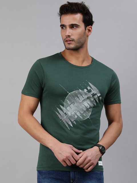 

abof Men Green Printed Round Neck Pure Cotton T-shirt
