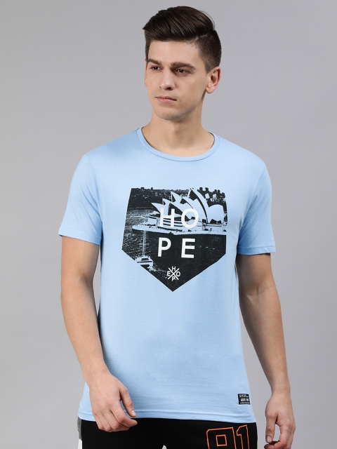 

abof Men Blue Black Printed Pure Cotton T-shirt