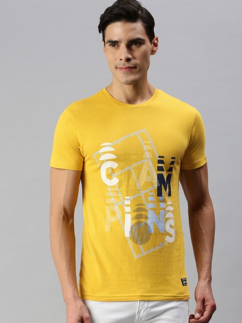

abof Men Mustard Yellow Graphic Printed Pure Cotton Casual T-shirt