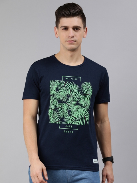 

abof Men Navy Blue Green Tropical Printed Pure Cotton T-shirt