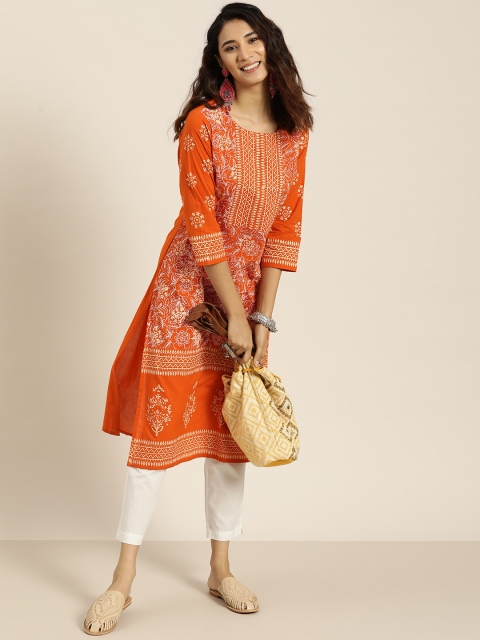 

Sangria Women Orange & Cream-Coloured Pure Cotton Ethnic Motifs Printed Kurta