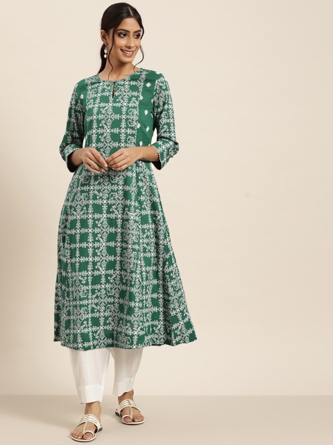 

Sangria Women Green & White Pure Cotton Ethnic Motifs Print Keyhole Neck Kurta