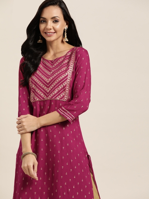 

Sangria Women Pink & Golden Ethnic Motifs Printed Gotta Patti Straight Kurta