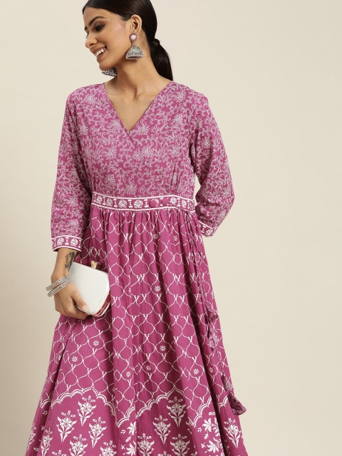 

Sangria Women Pink & White Ethnic Motifs Print Pure Cotton Angrakha A-Line Kurta