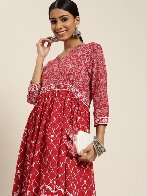 

Sangria Women Red & White Ethnic Motifs Print Pure Cotton Angrakha A-Line Kurta