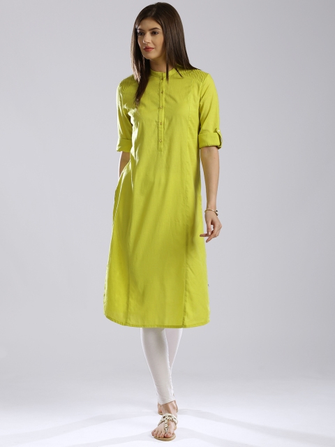 

W Lime Green Panelled Kurta with Pintucks