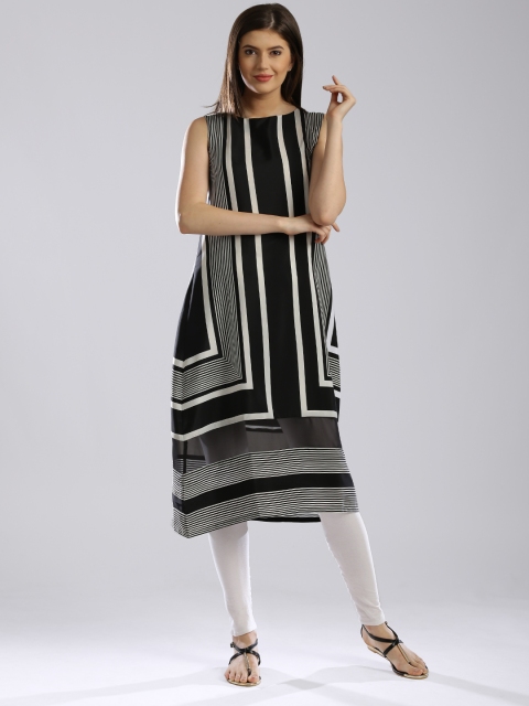 

W Black & Off-White Polyester Striped A-Line Kurta