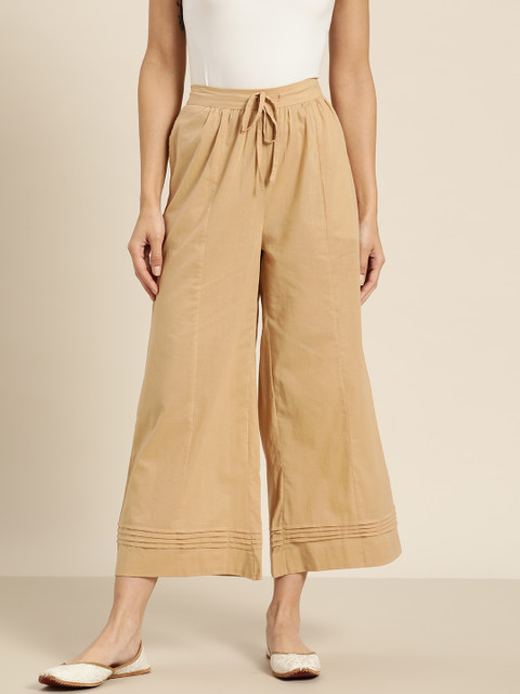 

Sangria Women Beige Pure Cotton Solid Cropped Wide Leg Palazzos
