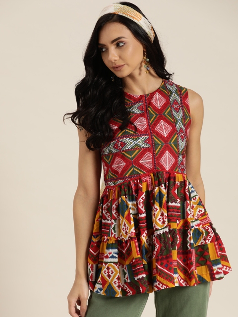 

Sangria Red & Yellow Pure Cotton Printed A-Line Top