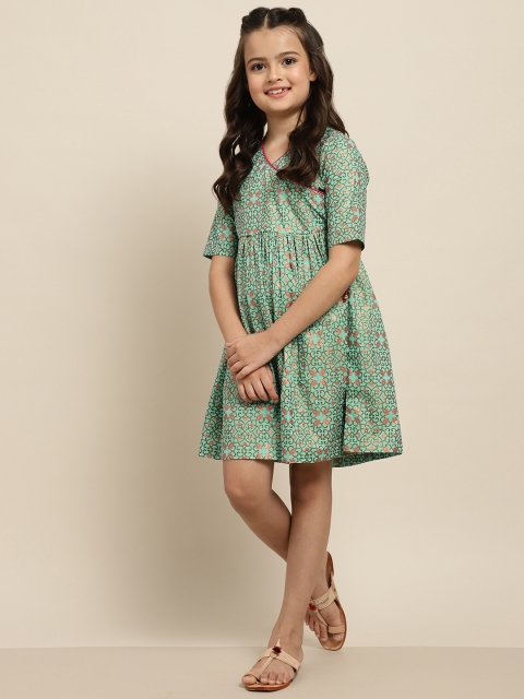 

Sangria Girls Sea Green & Golden Ethnic Motifs Angrakha Fit and Flare Dress