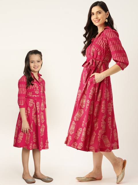 

Sangria Girls Magenta & Golden Pure Cotton Printed Fit & Flare Dress