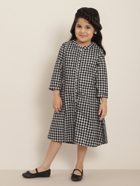 

Sangria Girls Black & Off-White Floral Print Glitter Pure Cotton A-Line Dress