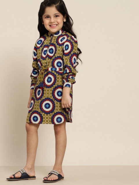 

Sangria Girls Mustard Yellow & Blue Ethnic Motifs Print A-Line Dress