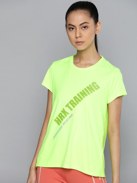 

HRX By Hrithik Roshan Women Neon Green Rapid-Dry Antimicrobial Tshirt with N9 PURE SILVER, Fluorescent green