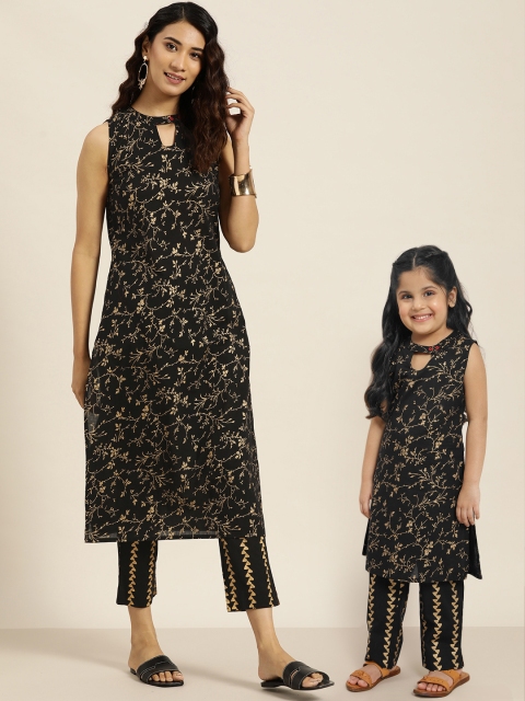 

Sangria Girls Black & Golden Pure Cotton Ethnic Print Straight Kurta with Trousers