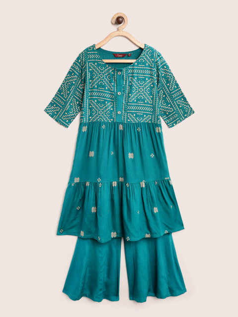 

Sangria Girls Teal & Gold-Toned Ethnic Motifs Printed Kurta with Sharara