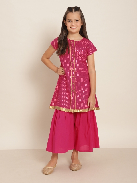 

Sangria Girls Magenta & Golden Pure Cotton Ditsy Polka Dots A-Line Kurta With Sharara
