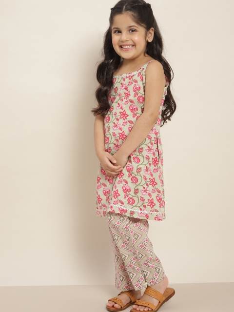 

Sangria Girls Green & Pink Pure Cotton Floral Printed Straight Kurta with Trousers