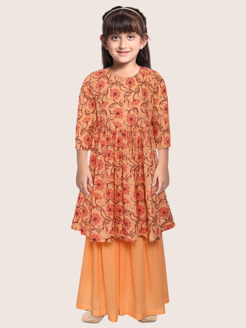 

Sangria Girls Orange & Red Pure Cotton Ethnic Printed A-Line Kurta with Sharara