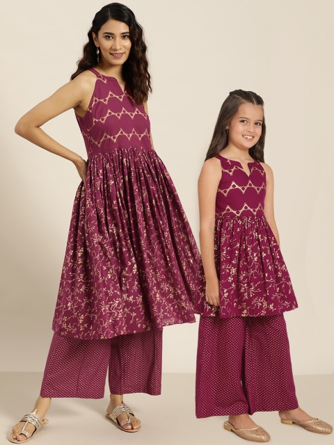 

Sangria Girls Burgundy & Golden Ethnic Motifs Foil Print Pure Cotton Kurta with Palazzos