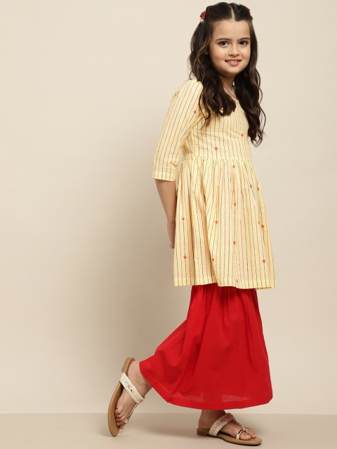 

Sangria Girls Cream-Coloured & Red Pure Cotton Striped Kurta Set