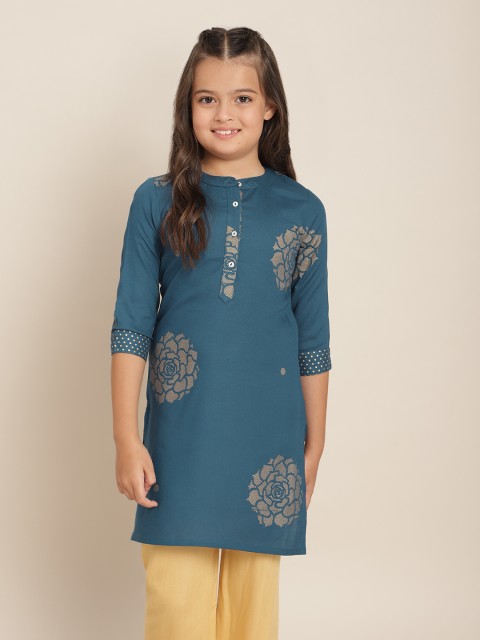 

Sangria Girls Teal Green & Golden Floral Printed Straight Kurta