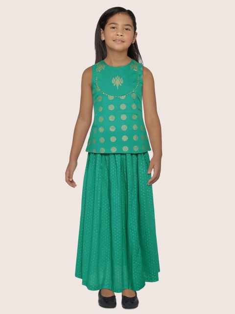 

Sangria Girls Green & Golden Ethnic Motifs Foil Print Pure Cotton Lehenga Choli