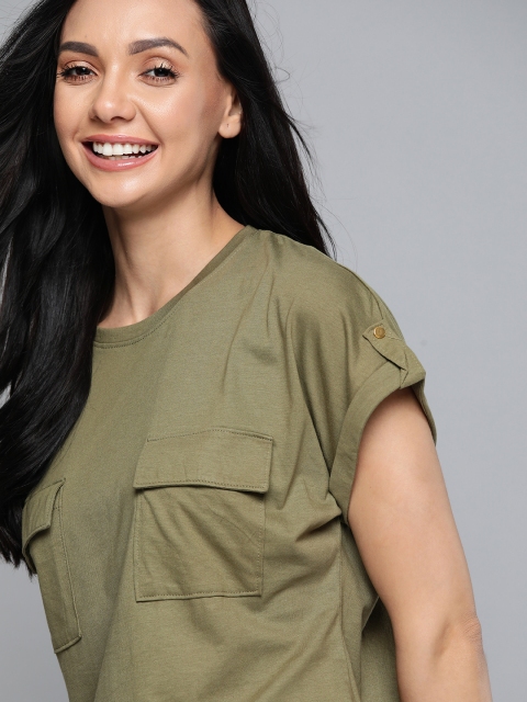 

Mast Harbour Women Olive Green Relaxed Fit Pure Cotton Extended Sleeves Pure Cotton T-shirt