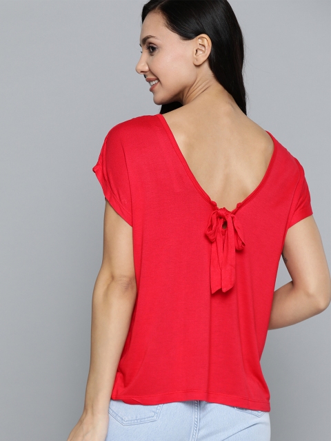 

Mast & Harbour Women Coral Red Extended Sleeves Styled Back Top