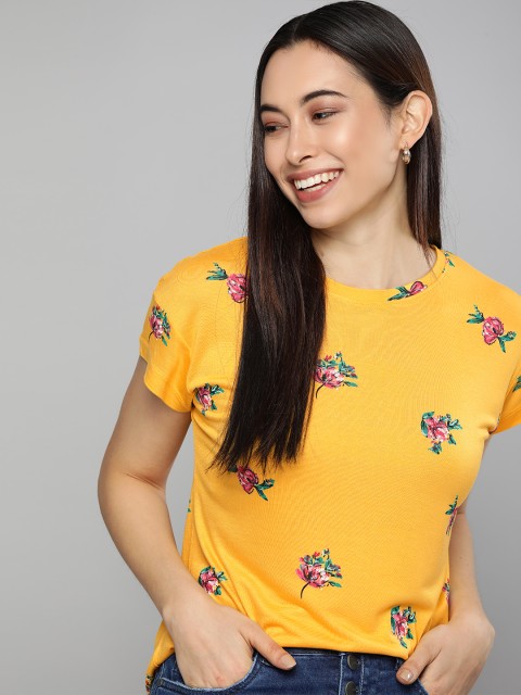 

Mast & Harbour Women Yellow Floral Printed Drop-Shoulder Sleeves T-shirt