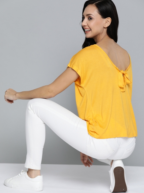 

Mast & Harbour Yellow Solid Extended Sleeves Styled Back Top
