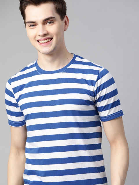 

Mast & Harbour Men White & Blue Pure Cotton Handcrafted Striped T-shirt