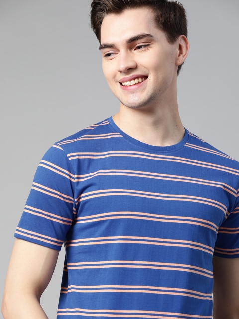 

Mast & Harbour Men Blue & Peach-Coloured Handcrafted Striped T-shirt