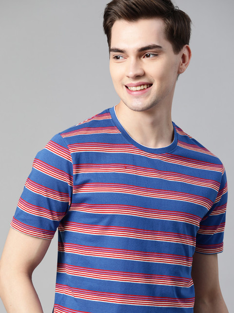 

Mast Harbour Men Blue Red Pure Cotton Striped Pure Cotton T-shirt